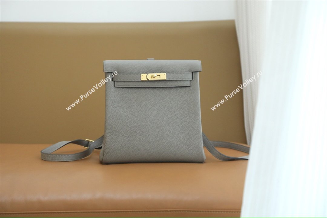 Hermes Kelly Ado Backpack 22cm in Taurillon Clemence Leather Gris Asphalte Grey/Gold 2026(Full Handmade) (XYA-26012111)