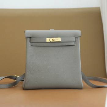 Hermes Kelly Ado Backpack 22cm in Taurillon Clemence Leather Gris Asphalte Grey/Gold 2026(Full Handmade) (XYA-26012111)