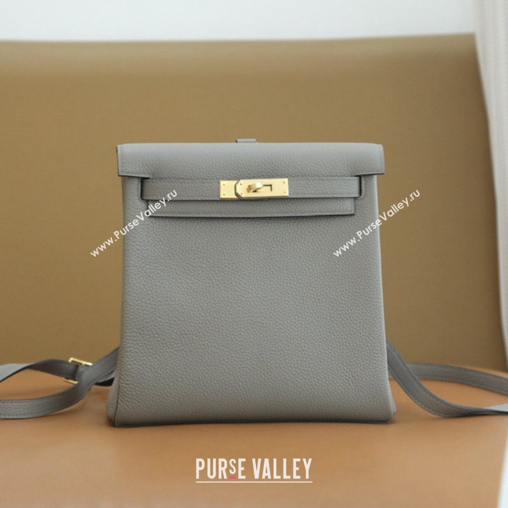 Hermes Kelly Ado Backpack 22cm in Taurillon Clemence Leather Gris Asphalte Grey/Gold 2026(Full Handmade) (XYA-26012111)