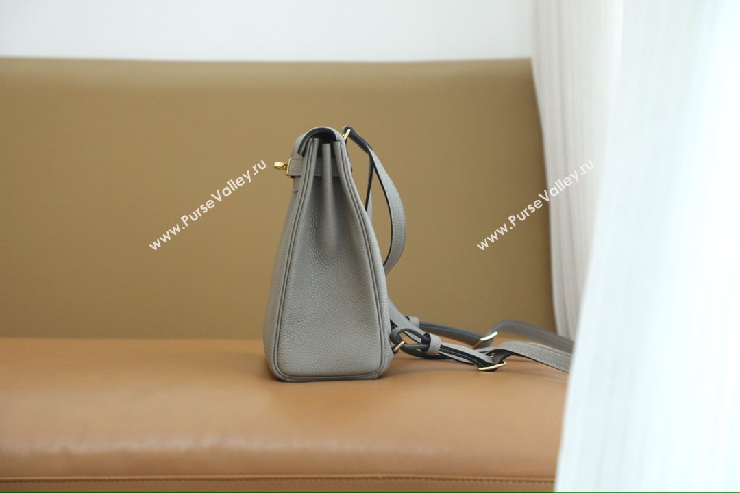 Hermes Kelly Ado Backpack 22cm in Taurillon Clemence Leather Gris Asphalte Grey/Gold 2026(Full Handmade) (XYA-26012111)