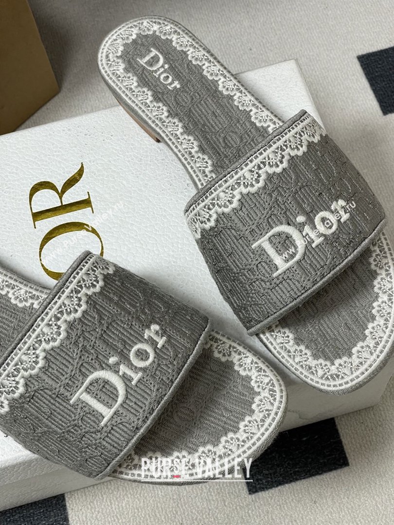 Dior Dentelle Slide Sandals in Grey Dior Oblique Embroidered Cotton and White Lace 2026 (MD-26012216)