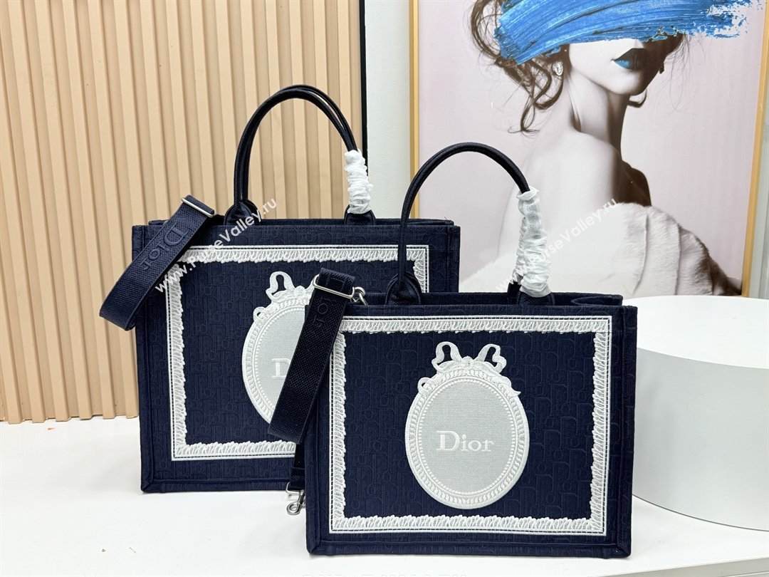 Dior Medium Dior Book Tote with Strap in Blue Dior Oblique Embroidery with White Lace 2026 (BF-26012211)