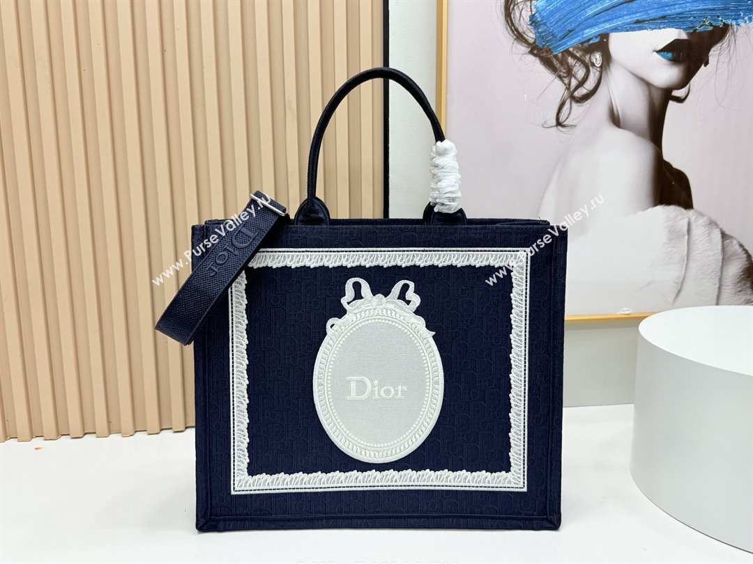 Dior Large Dior Book Tote with Strap in Blue Dior Oblique Embroidery with White Lace 2026 (BF-26012210)