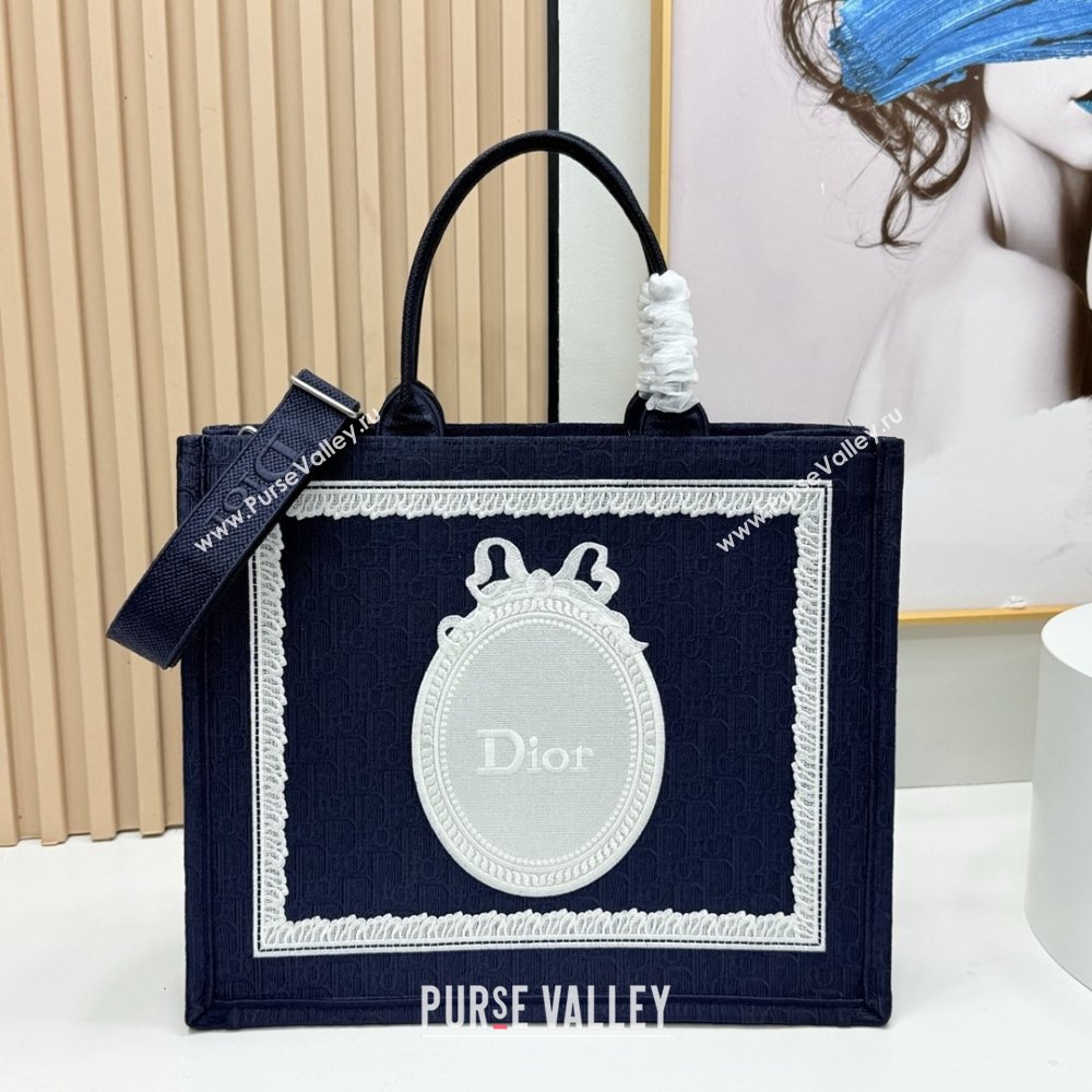 Dior Large Dior Book Tote with Strap in Blue Dior Oblique Embroidery with White Lace 2026 (BF-26012210)