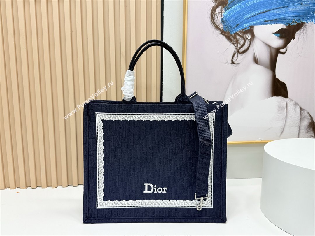Dior Large Dior Book Tote with Strap in Blue Dior Oblique Embroidery with White Lace 2026 (BF-26012210)