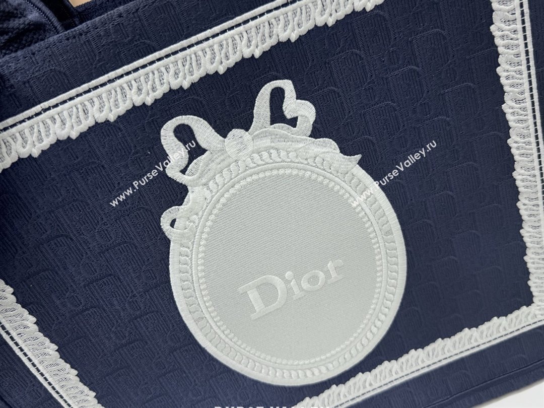 Dior Large Dior Book Tote with Strap in Blue Dior Oblique Embroidery with White Lace 2026 (BF-26012210)