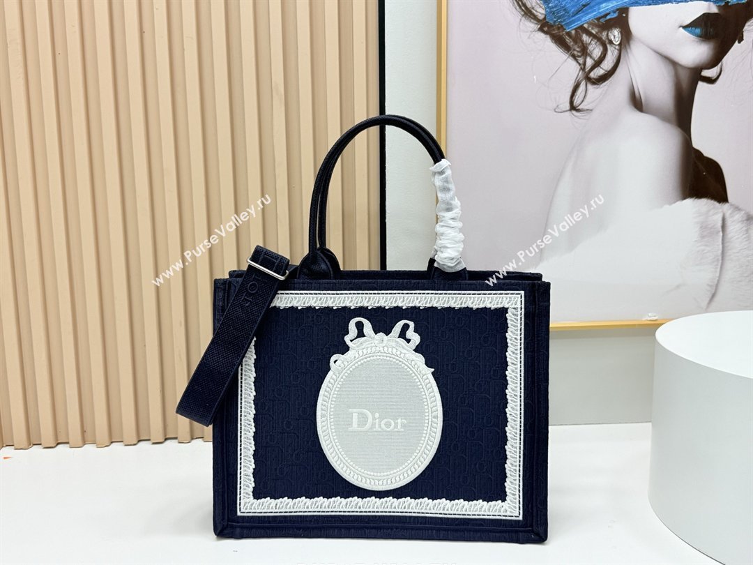 Dior Medium Dior Book Tote with Strap in Blue Dior Oblique Embroidery with White Lace 2026 (BF-26012211)