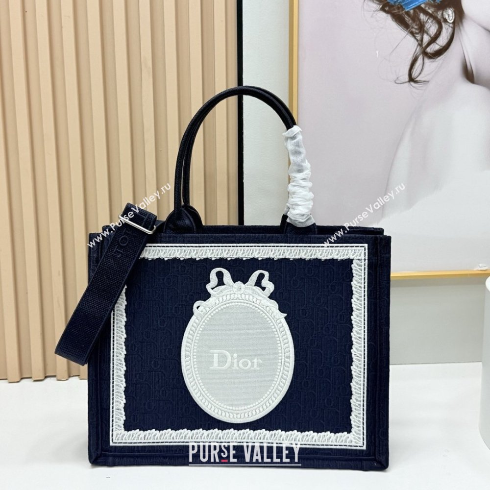 Dior Medium Dior Book Tote with Strap in Blue Dior Oblique Embroidery with White Lace 2026 (BF-26012211)