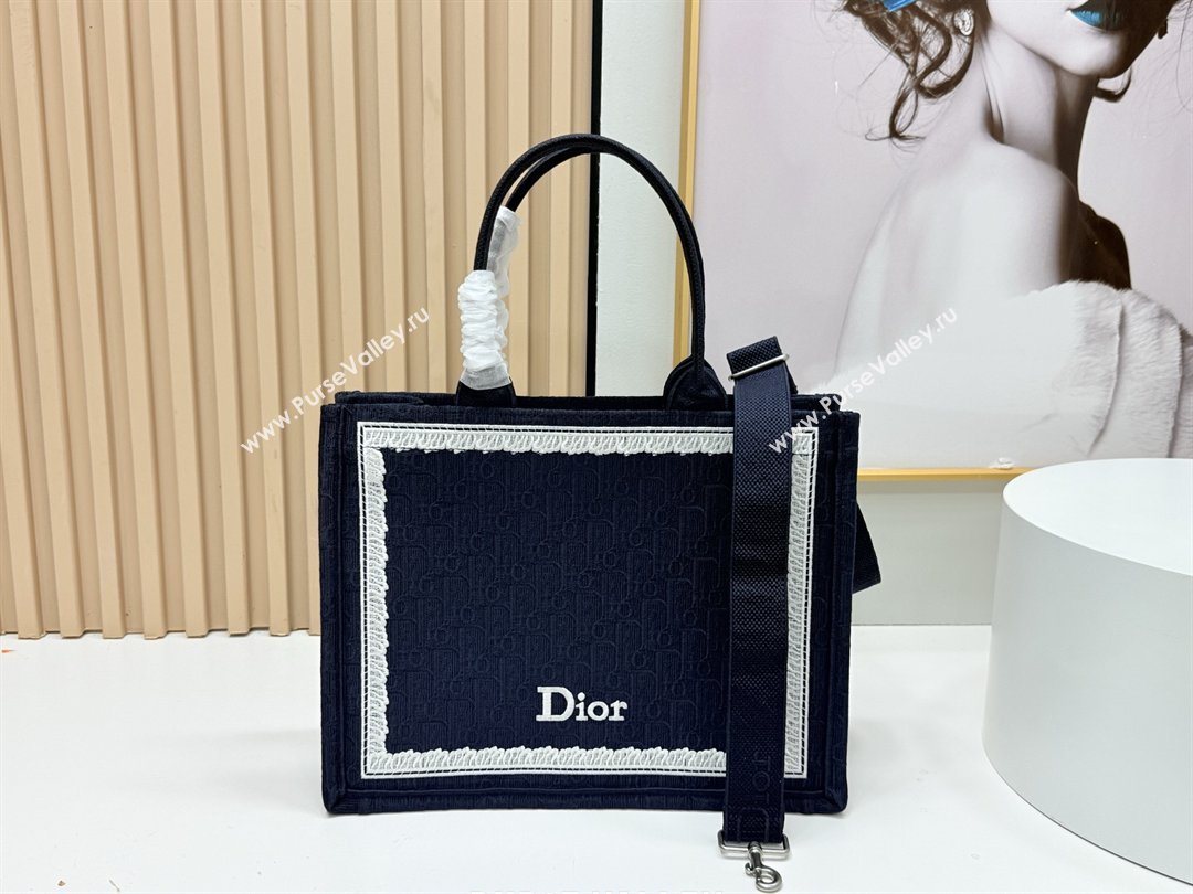 Dior Medium Dior Book Tote with Strap in Blue Dior Oblique Embroidery with White Lace 2026 (BF-26012211)