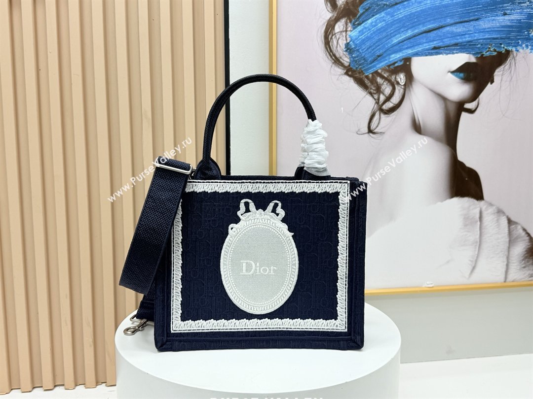 Dior Small Dior Book Tote with Strap in Blue Dior Oblique Embroidery with White Lace 2026 (BF-26012212)