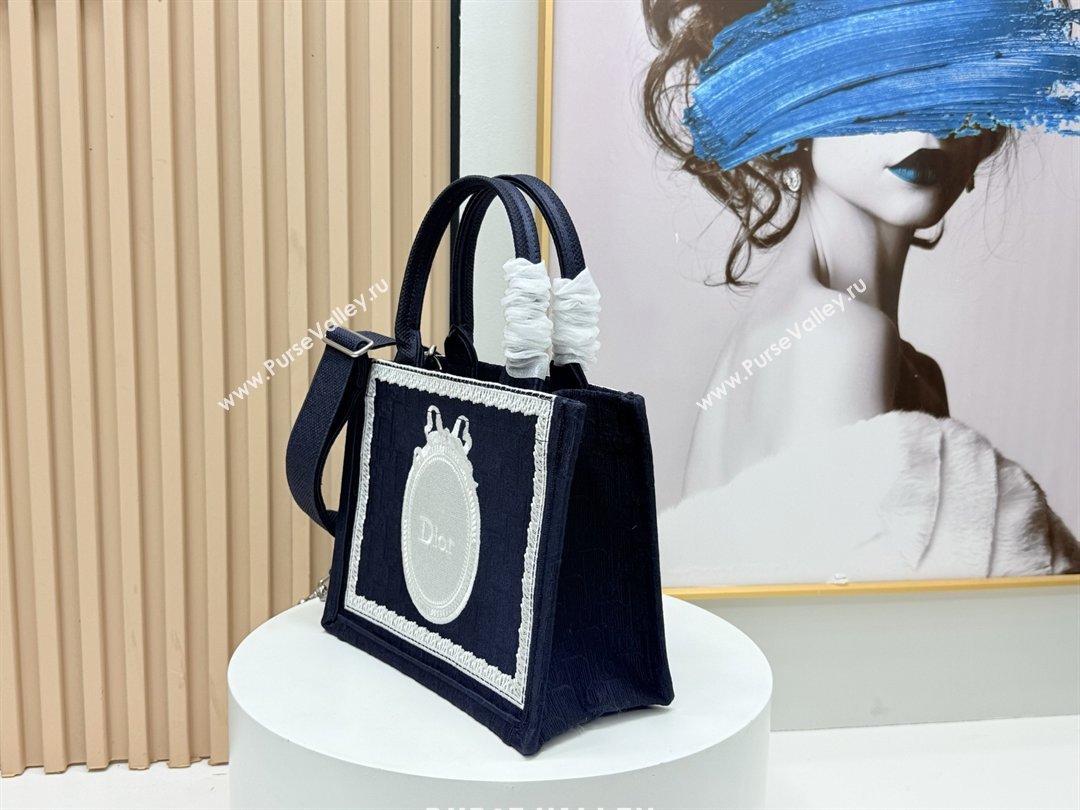 Dior Small Dior Book Tote with Strap in Blue Dior Oblique Embroidery with White Lace 2026 (BF-26012212)