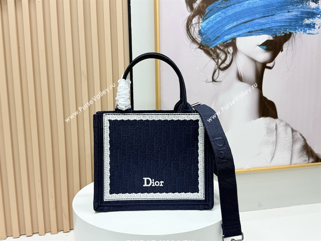 Dior Small Dior Book Tote with Strap in Blue Dior Oblique Embroidery with White Lace 2026 (BF-26012212)