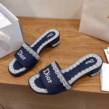 Dior Dentelle Heeled Slide Sandals in Blue Dior Oblique Embroidered Cotton and White Lace 2026 (MD-26012219)