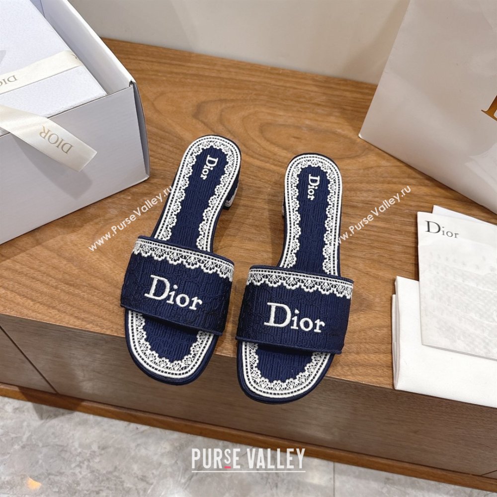Dior Dentelle Heeled Slide Sandals in Blue Dior Oblique Embroidered Cotton and White Lace 2026 (MD-26012219)