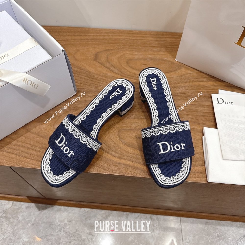 Dior Dentelle Heeled Slide Sandals in Blue Dior Oblique Embroidered Cotton and White Lace 2026 (MD-26012219)