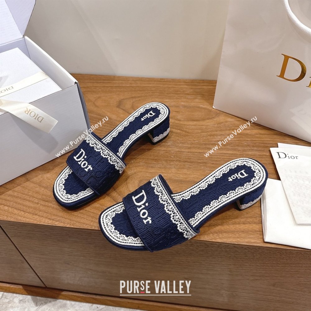 Dior Dentelle Heeled Slide Sandals in Blue Dior Oblique Embroidered Cotton and White Lace 2026 (MD-26012219)