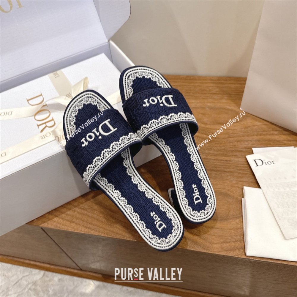 Dior Dentelle Heeled Slide Sandals in Blue Dior Oblique Embroidered Cotton and White Lace 2026 (MD-26012219)