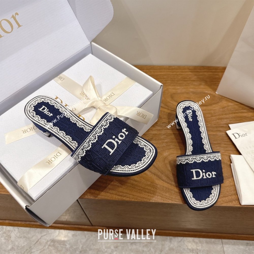 Dior Dentelle Heeled Slide Sandals in Blue Dior Oblique Embroidered Cotton and White Lace 2026 (MD-26012219)