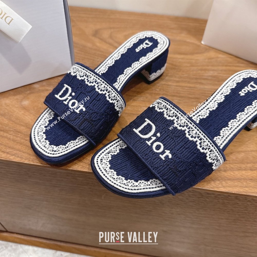 Dior Dentelle Heeled Slide Sandals in Blue Dior Oblique Embroidered Cotton and White Lace 2026 (MD-26012219)