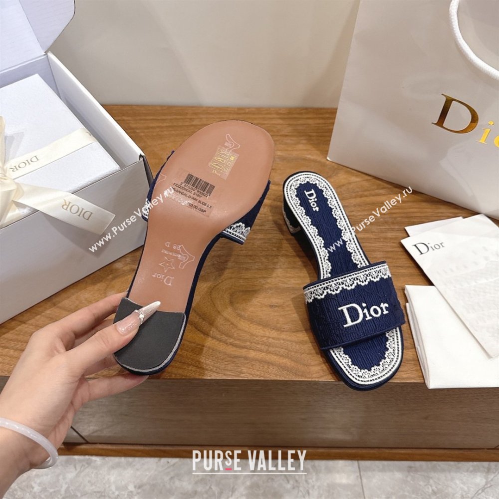 Dior Dentelle Heeled Slide Sandals in Blue Dior Oblique Embroidered Cotton and White Lace 2026 (MD-26012219)