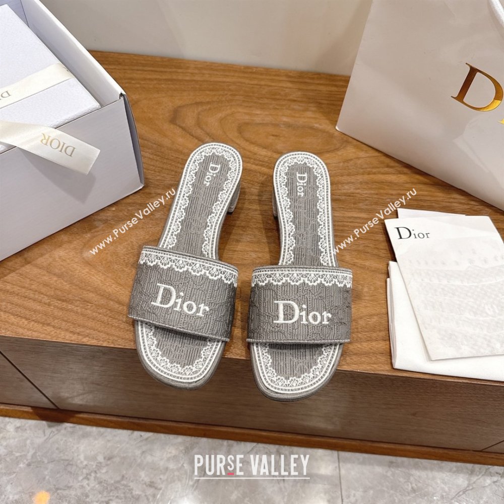 Dior Dentelle Heeled Slide Sandals in Grey Dior Oblique Embroidered Cotton and White Lace 2026 (MD-26012220)