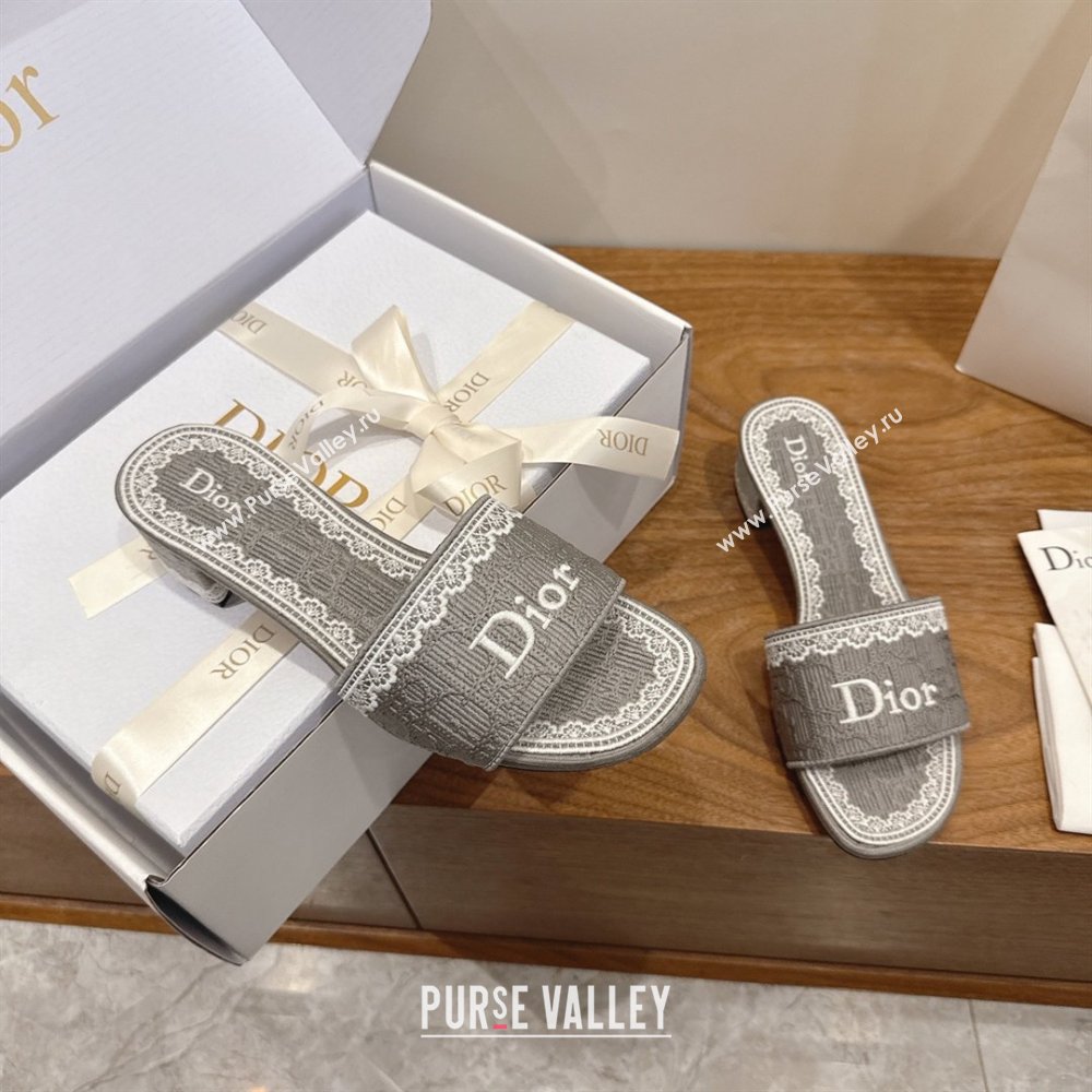 Dior Dentelle Heeled Slide Sandals in Grey Dior Oblique Embroidered Cotton and White Lace 2026 (MD-26012220)