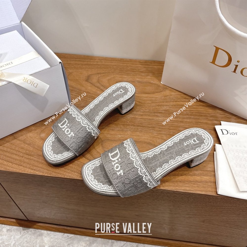 Dior Dentelle Heeled Slide Sandals in Grey Dior Oblique Embroidered Cotton and White Lace 2026 (MD-26012220)