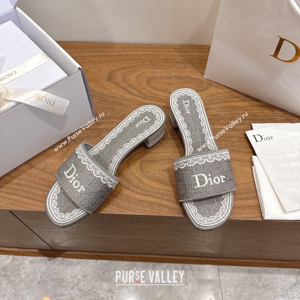 Dior Dentelle Heeled Slide Sandals in Grey Dior Oblique Embroidered Cotton and White Lace 2026 (MD-26012220)
