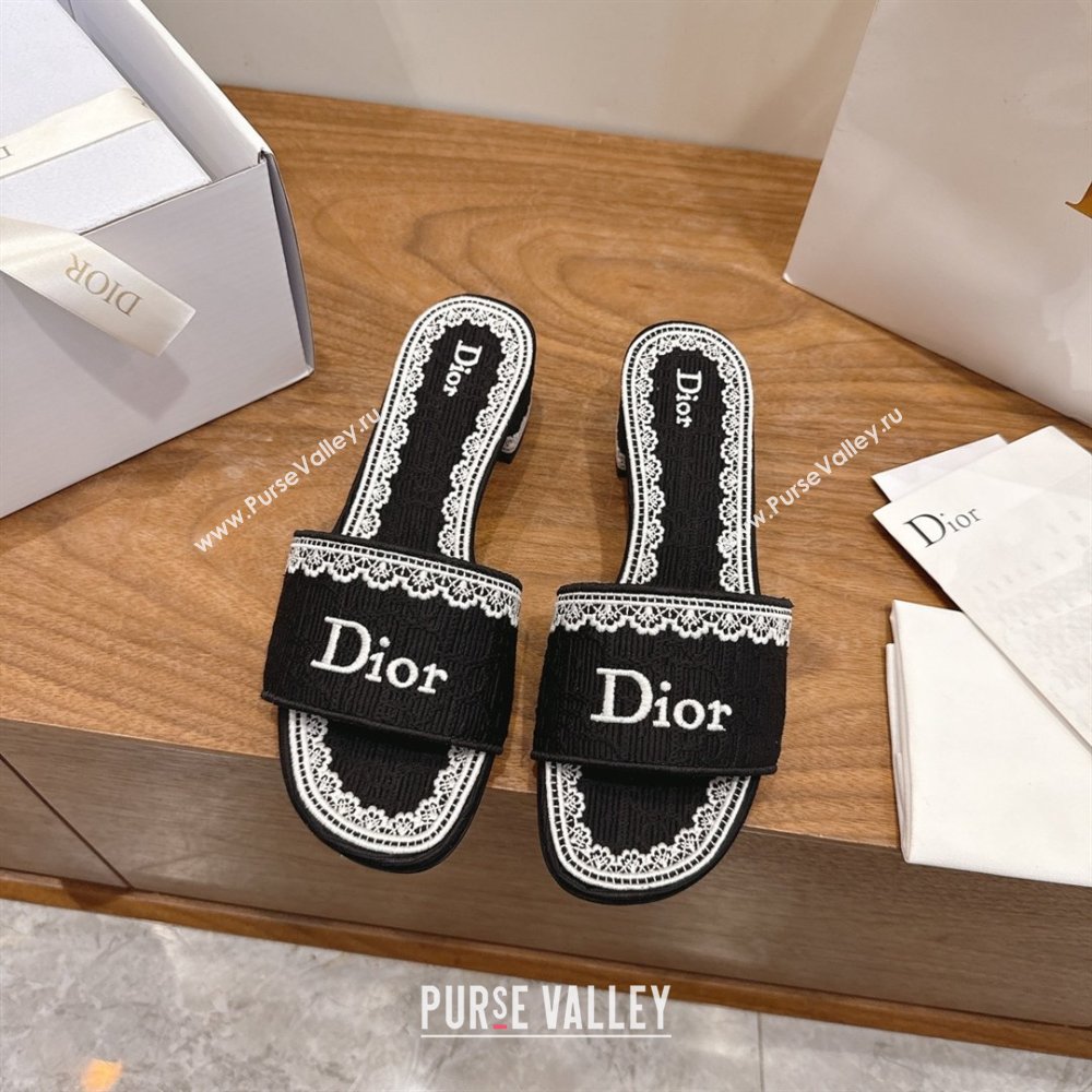 Dior Dentelle Heeled Slide Sandals in Black Dior Oblique Embroidered Cotton and White Lace 2026 (MD-26012218)