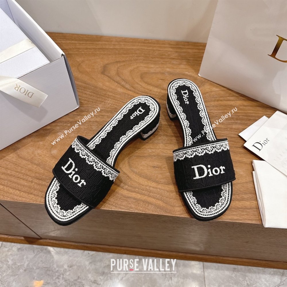 Dior Dentelle Heeled Slide Sandals in Black Dior Oblique Embroidered Cotton and White Lace 2026 (MD-26012218)