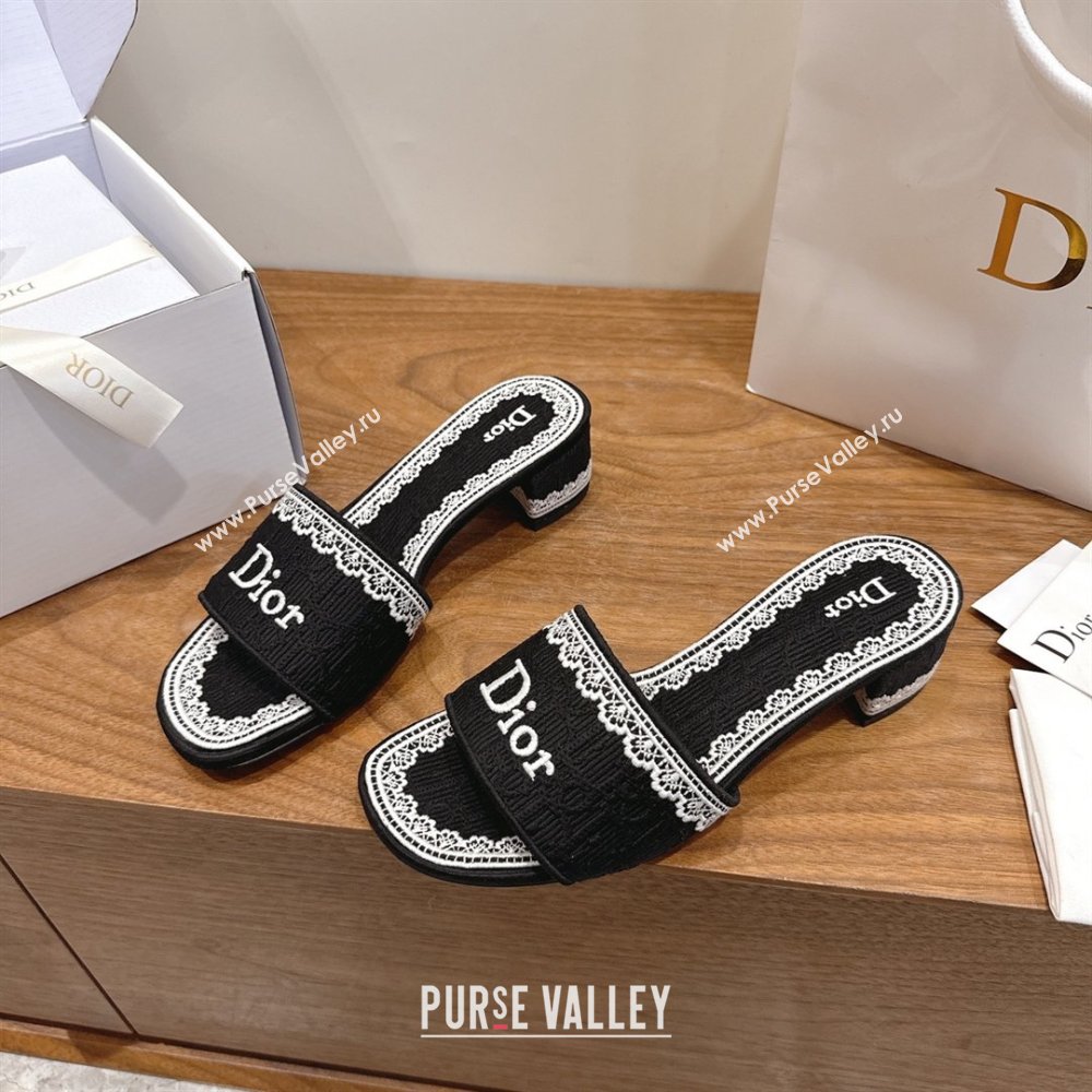 Dior Dentelle Heeled Slide Sandals in Black Dior Oblique Embroidered Cotton and White Lace 2026 (MD-26012218)