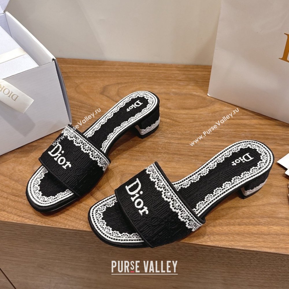 Dior Dentelle Heeled Slide Sandals in Black Dior Oblique Embroidered Cotton and White Lace 2026 (MD-26012218)
