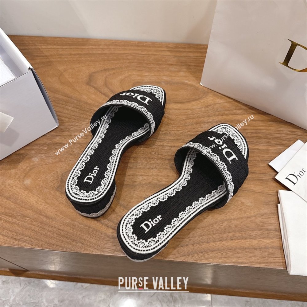 Dior Dentelle Heeled Slide Sandals in Black Dior Oblique Embroidered Cotton and White Lace 2026 (MD-26012218)