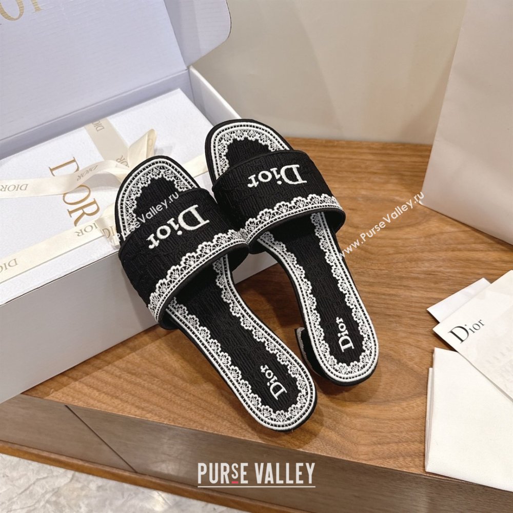 Dior Dentelle Heeled Slide Sandals in Black Dior Oblique Embroidered Cotton and White Lace 2026 (MD-26012218)