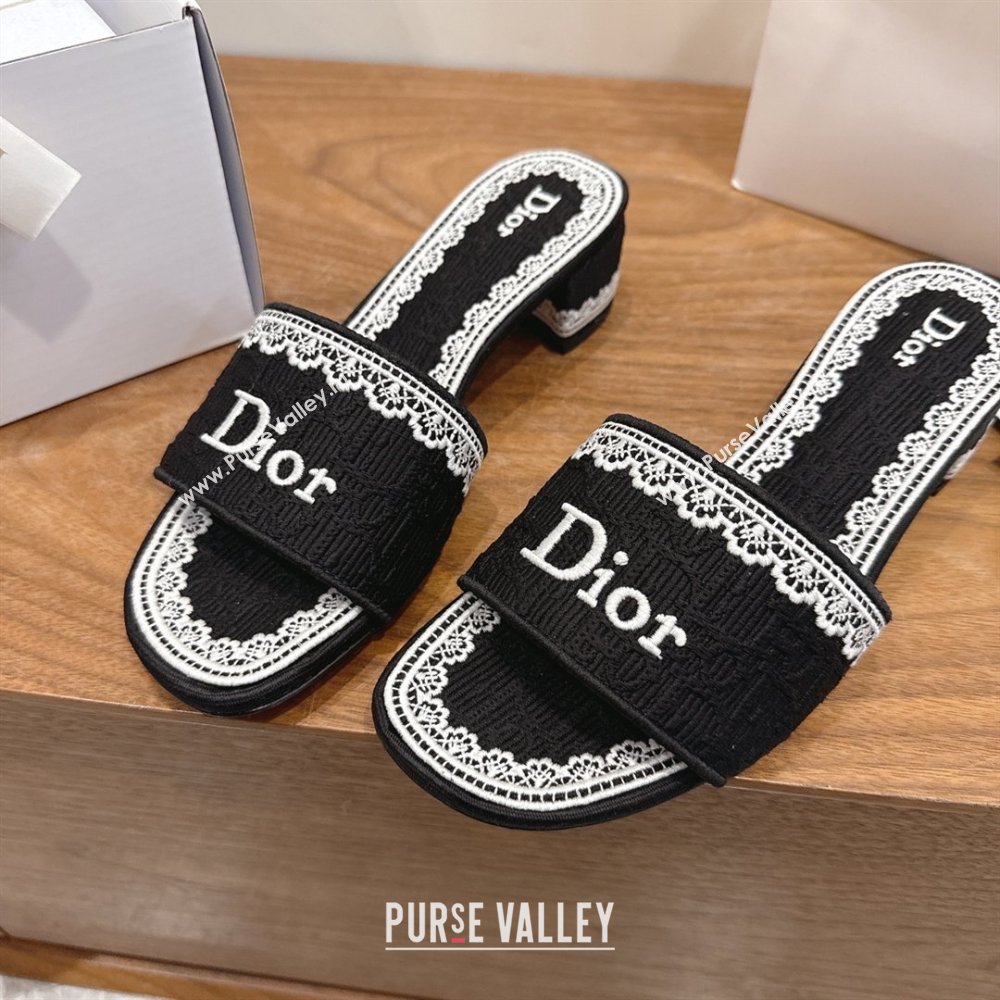 Dior Dentelle Heeled Slide Sandals in Black Dior Oblique Embroidered Cotton and White Lace 2026 (MD-26012218)