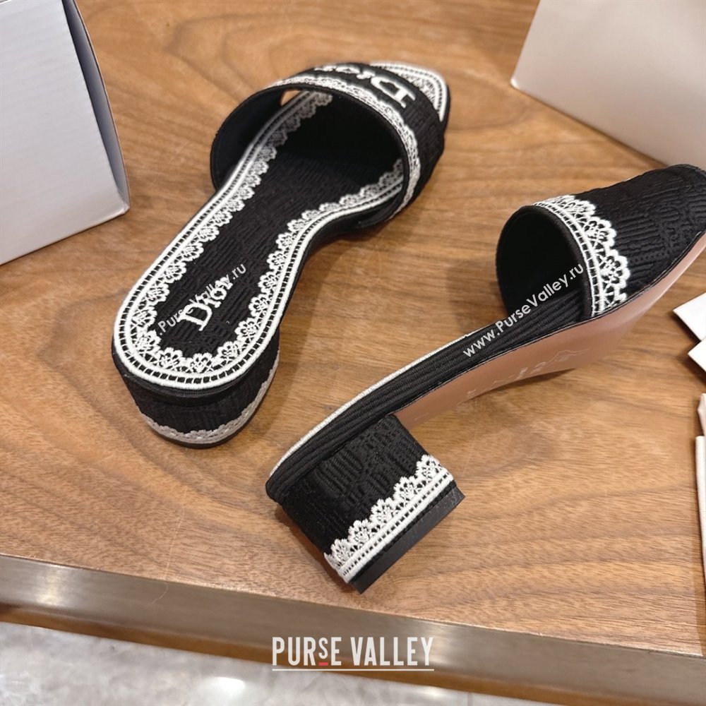 Dior Dentelle Heeled Slide Sandals in Black Dior Oblique Embroidered Cotton and White Lace 2026 (MD-26012218)