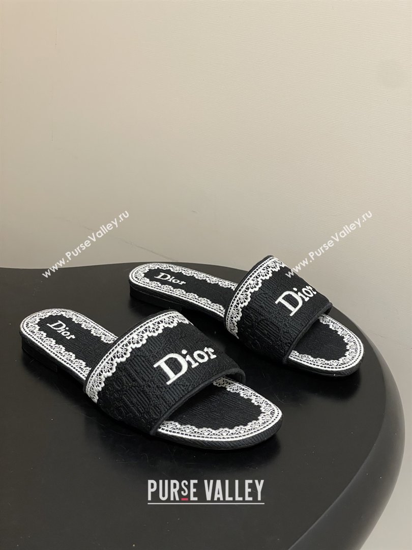 Dior Dentelle Slide Sandals in Black Dior Oblique Embroidered Cotton and White Lace 2026 (MD-26012214)