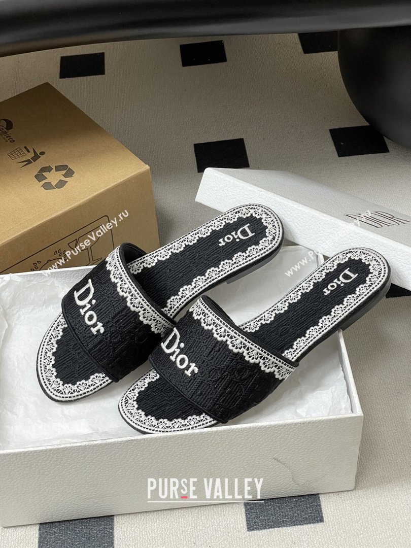 Dior Dentelle Slide Sandals in Black Dior Oblique Embroidered Cotton and White Lace 2026 (MD-26012214)