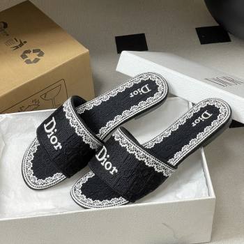 Dior Dentelle Slide Sandals in Black Dior Oblique Embroidered Cotton and White Lace 2026 (MD-26012214)