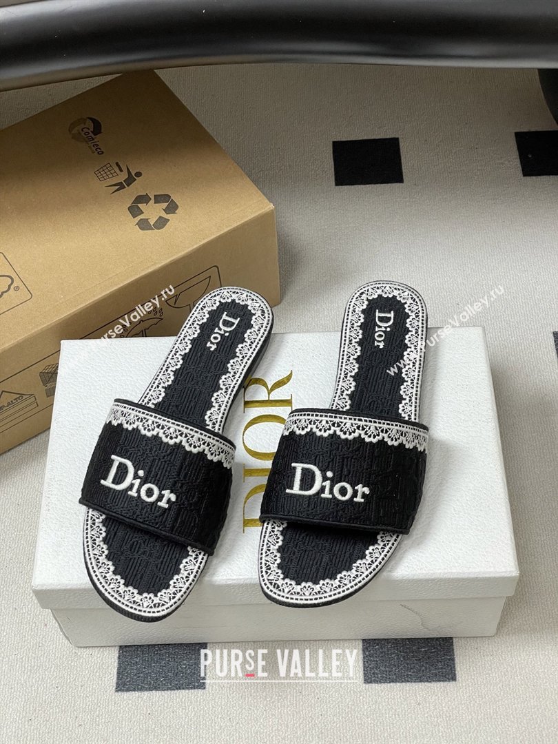 Dior Dentelle Slide Sandals in Black Dior Oblique Embroidered Cotton and White Lace 2026 (MD-26012214)