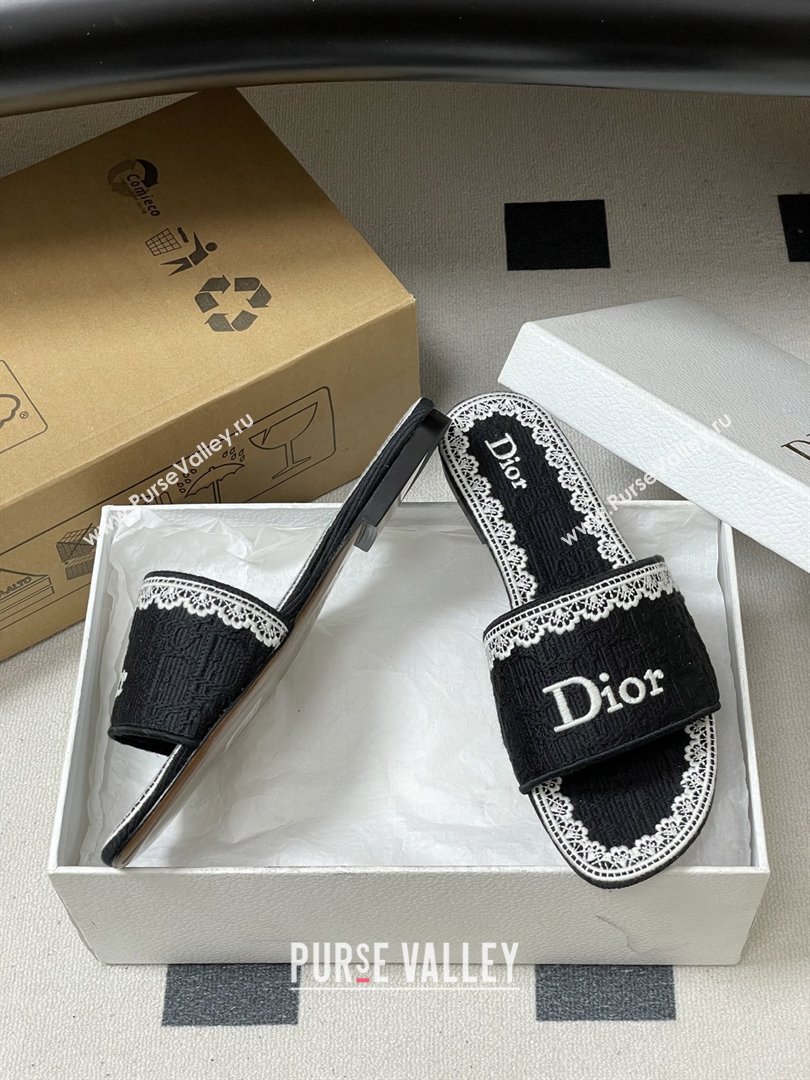 Dior Dentelle Slide Sandals in Black Dior Oblique Embroidered Cotton and White Lace 2026 (MD-26012214)