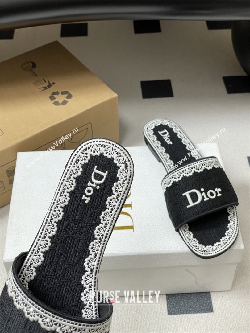 Dior Dentelle Slide Sandals in Black Dior Oblique Embroidered Cotton and White Lace 2026 (MD-26012214)
