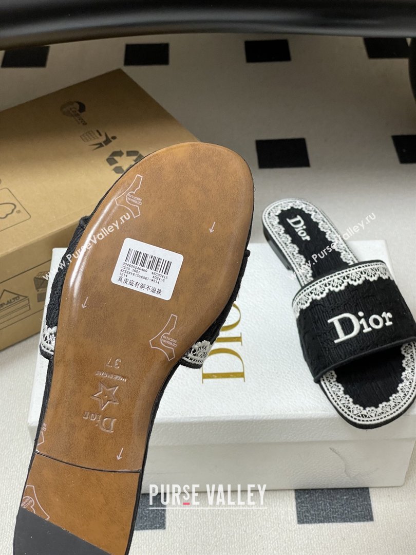 Dior Dentelle Slide Sandals in Black Dior Oblique Embroidered Cotton and White Lace 2026 (MD-26012214)