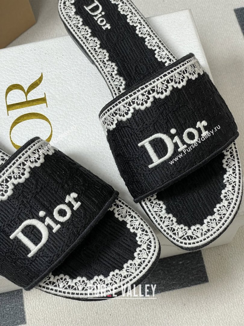 Dior Dentelle Slide Sandals in Black Dior Oblique Embroidered Cotton and White Lace 2026 (MD-26012214)