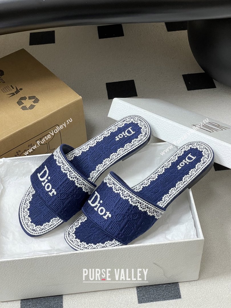Dior Dentelle Slide Sandals in Blue Dior Oblique Embroidered Cotton and White Lace 2026 (MD-26012215)