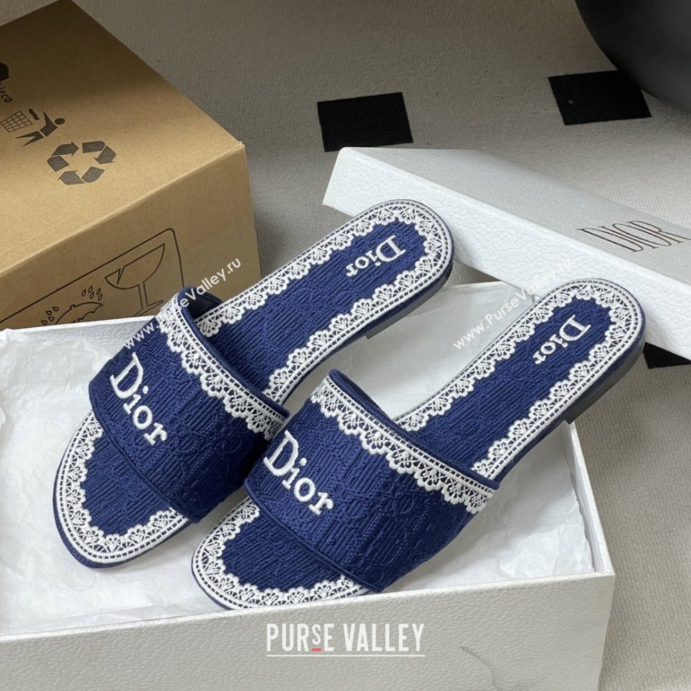 Dior Dentelle Slide Sandals in Blue Dior Oblique Embroidered Cotton and White Lace 2026 (MD-26012215)