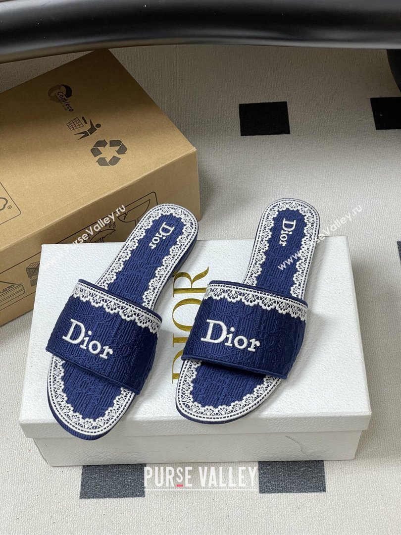 Dior Dentelle Slide Sandals in Blue Dior Oblique Embroidered Cotton and White Lace 2026 (MD-26012215)