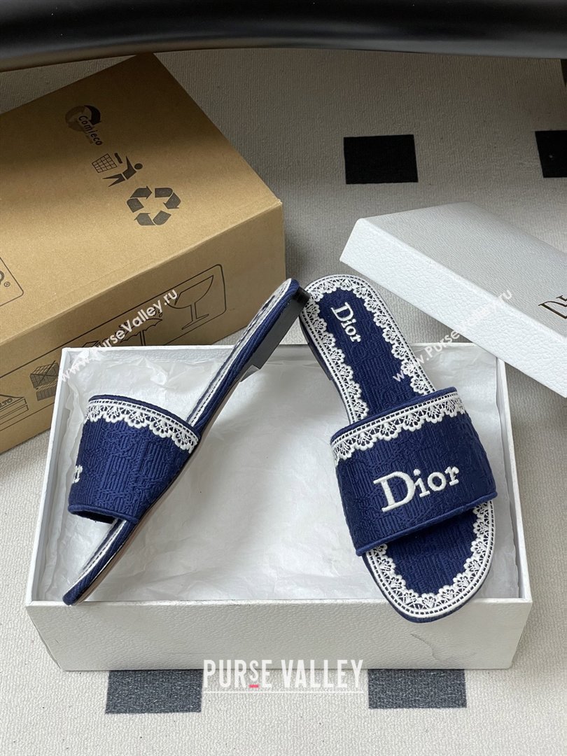 Dior Dentelle Slide Sandals in Blue Dior Oblique Embroidered Cotton and White Lace 2026 (MD-26012215)