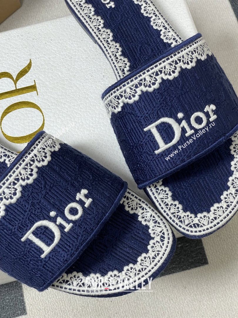 Dior Dentelle Slide Sandals in Blue Dior Oblique Embroidered Cotton and White Lace 2026 (MD-26012215)