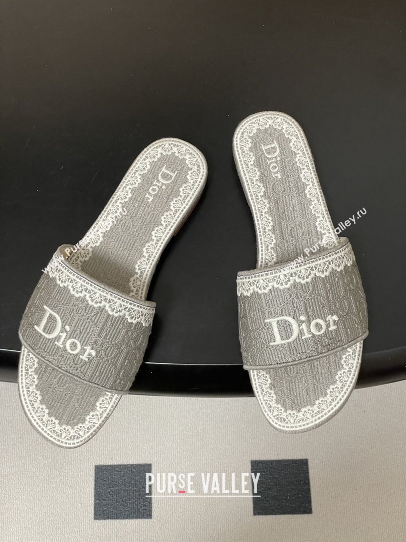 Dior Dentelle Slide Sandals in Grey Dior Oblique Embroidered Cotton and White Lace 2026 (MD-26012216)